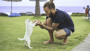 A man training his white puppy at the beach